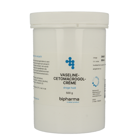 Bipharma Vaselinecetomacrogol cream 500g jar for body care, featuring a white and blue container with cream inside