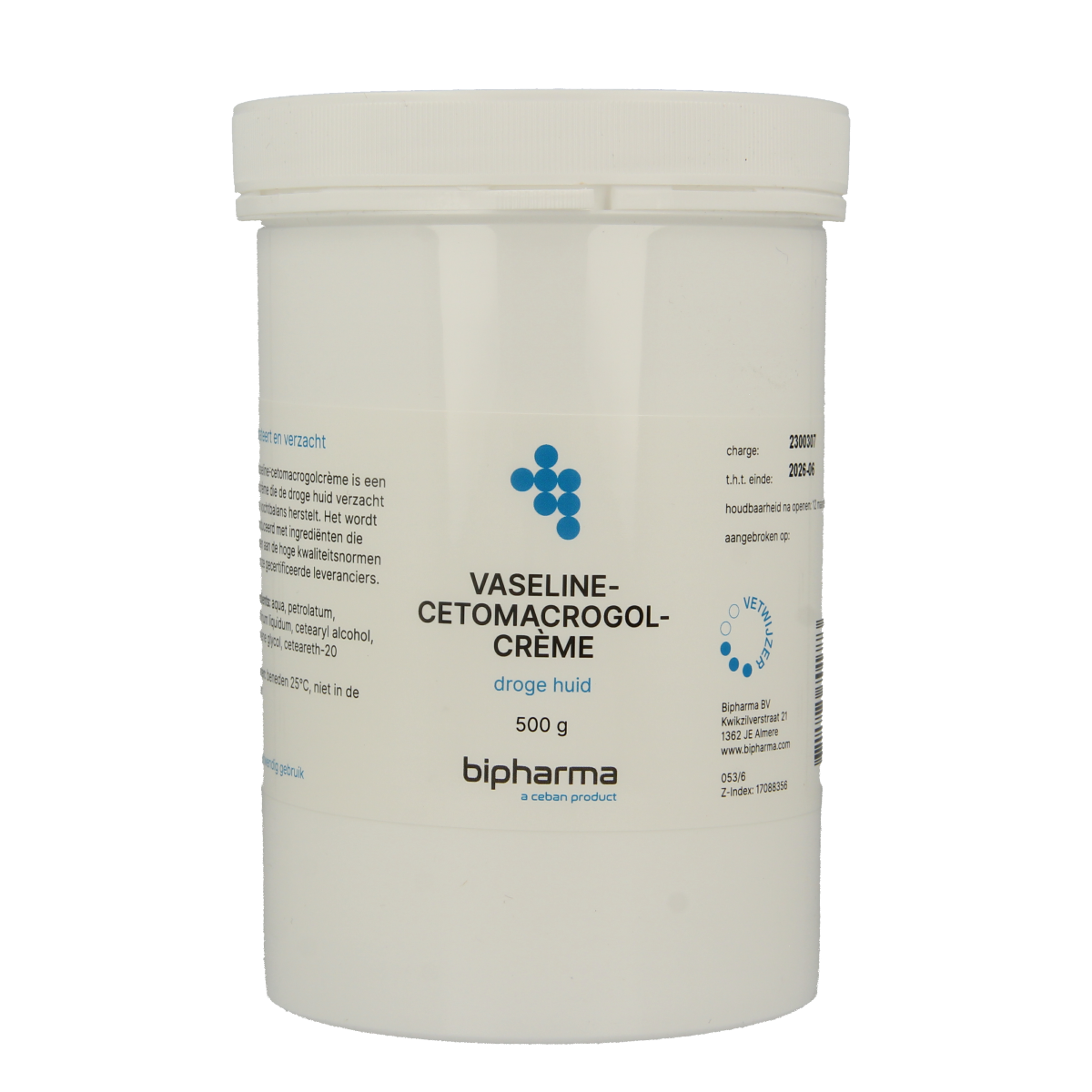 Bipharma Vaselinecetomacrogolcreme 500g body care cream in a tub, smooth texture for skin hydration and nourishment