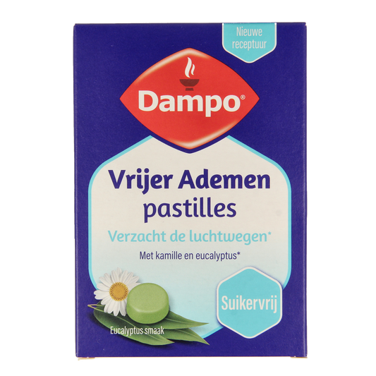 Dampo Ademvrij pastilles, herbal supplement in a white container, shown alongside a few pastilles on a neutral background.
