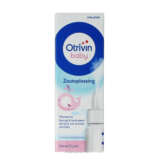 Otrivin Baby nasal spray bottle with 15ml of saline solution for nasal care and inhalation for infants.