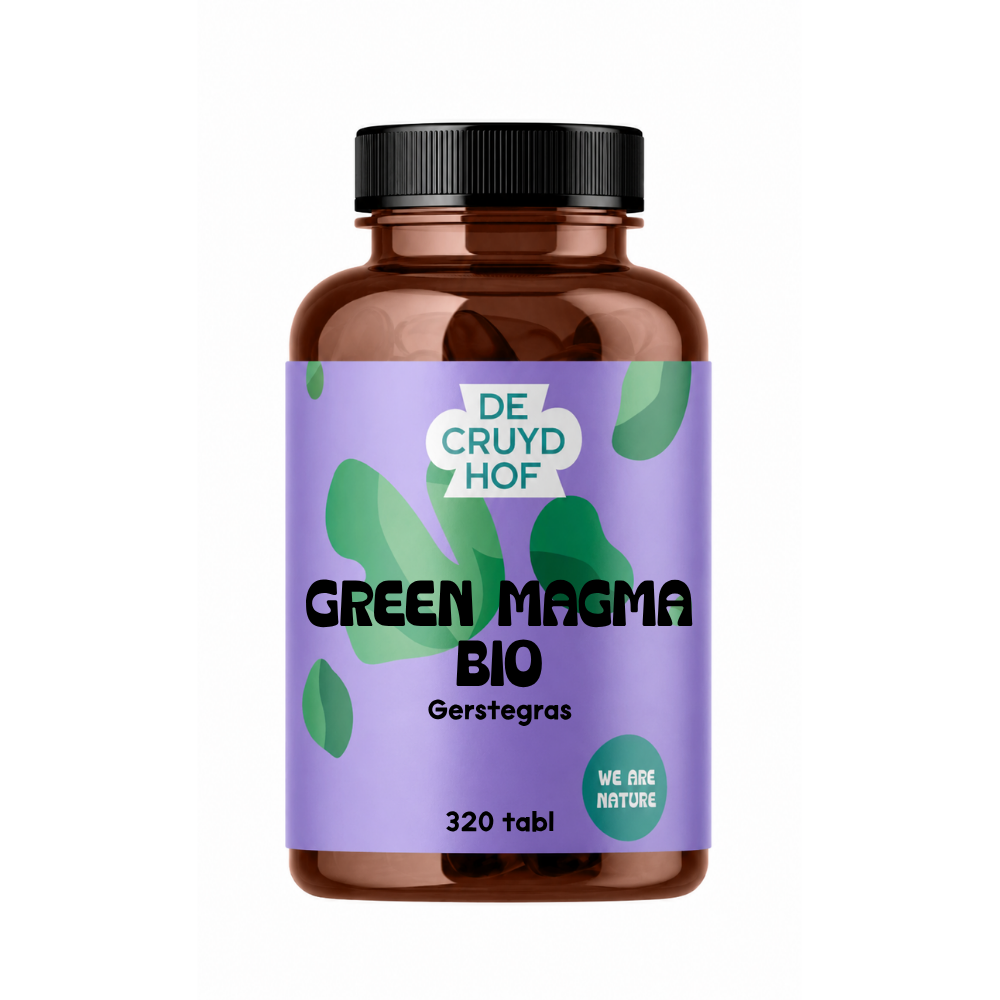 De Cruydhof Green Magma bio herbal supplement tablets in a jar, showing green tablets and label with product details.