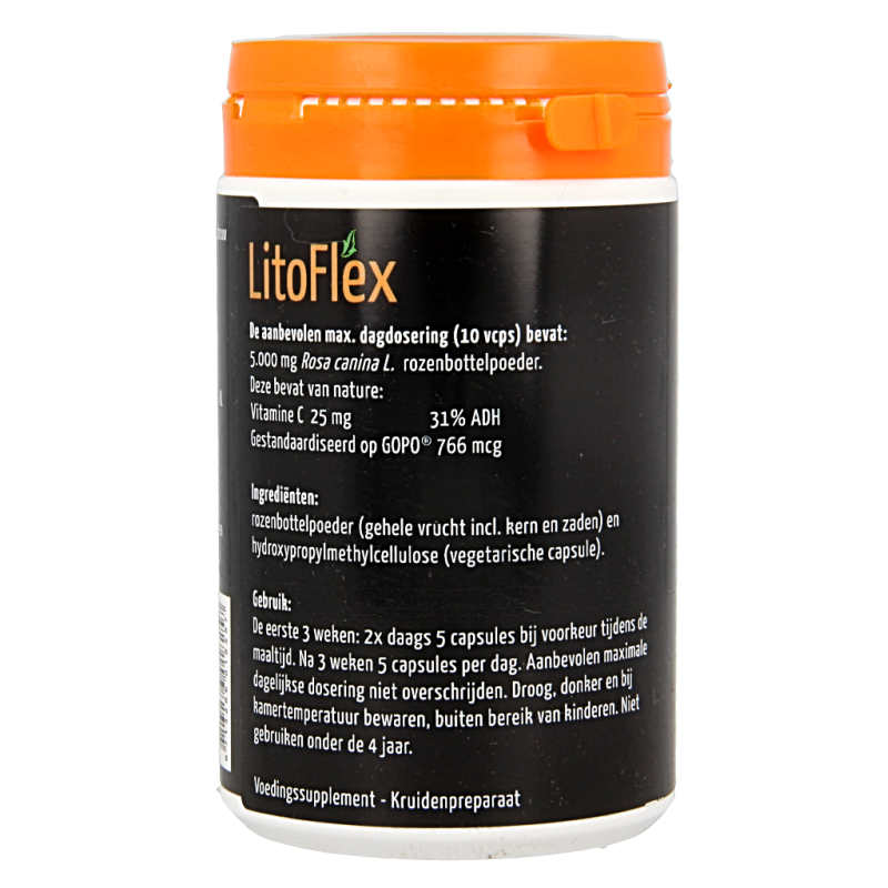 Litoflex Sportvoeding 250 Vegetarische capsules, herbal supplement in a white bottle with a screw cap.