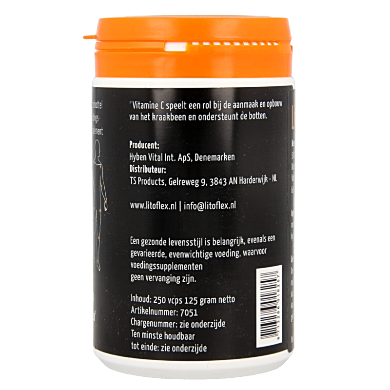 Litoflex Sportvoeding 250 vegetarian herbal capsules in a clear container, showing green capsules and product label.