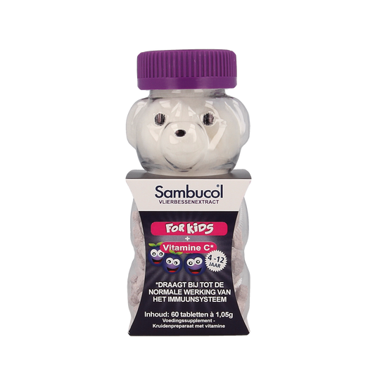 Sambucol Kids chewable tablets in a bottle, herbal supplement for children, featuring black elderberry extract.
