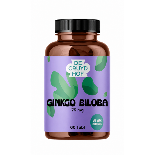 De Cruydhof Ginkgo Biloba supplement tablets in a bottle, herbal remedy product from De Cruydhof, 60 tablets.
