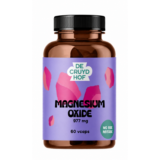 De Cruydhof Magnesium oxide vegetarian capsules, 60 count, dietary supplement in transparent bottle with label.