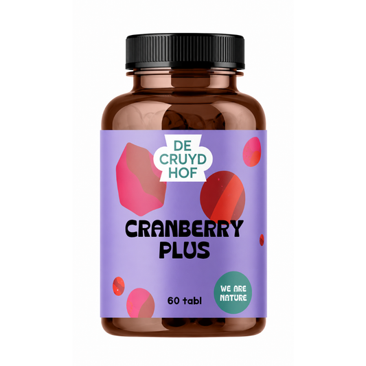 De Cruydhof Cranberry Plus supplement in a bottle of 60 tablets, natural herbal dietary supplement for urinary health.