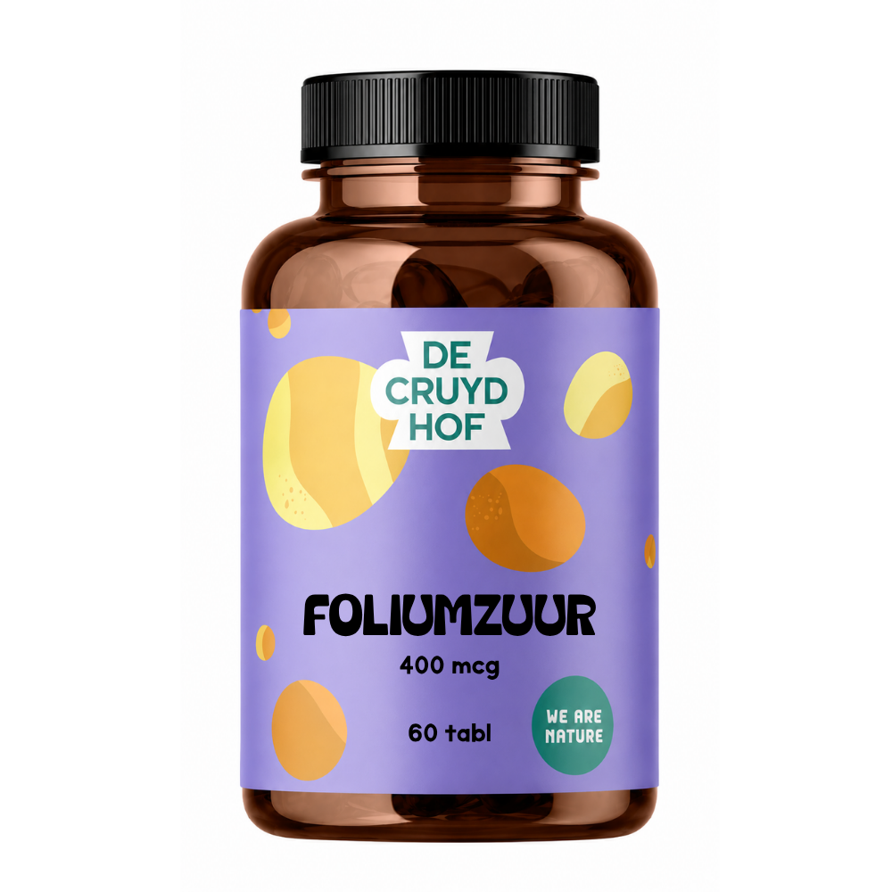 De Cruydhof Foliumzuur voedingssupplement met 60 tabletten, close-up of the supplement bottle and label.