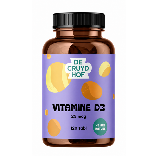 De Cruydhof Vitamine D3 supplement with 120 tablets, dietary supplement for supporting healthy bones and immune system.