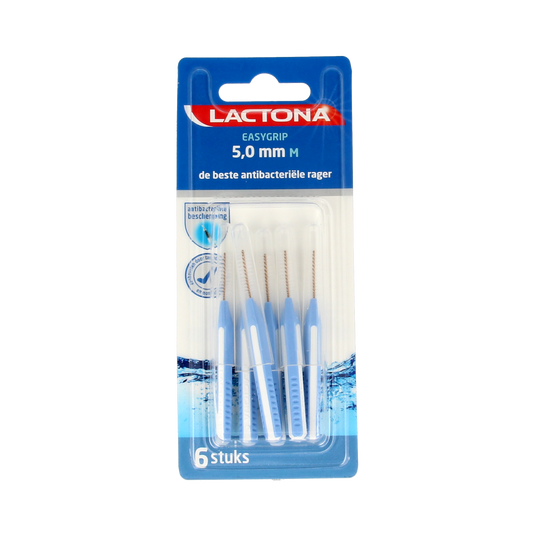 Lactona Easygrip M 5.0mm dental floss picks and interdental cleaners, 6-pack, with ergonomic handles and precision tips.