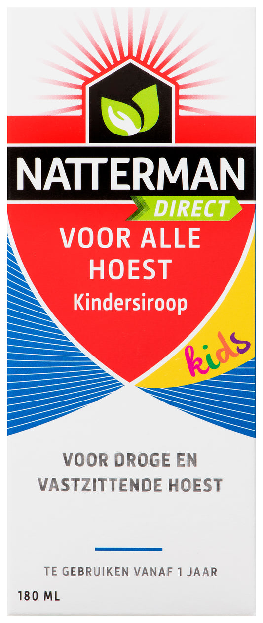 Natterman Voor alle hoest kind syrup bottle, 180 ml, suitable for children with cough relief, clear label and cap visible