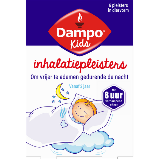 Dampo Kids inhalatiepleister diervormig for nasal care, shown in the package with six pieces for children’s inhalation treatment.