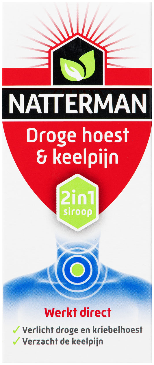 Natterman droge hoest en keelpijn siroop in 150 ml flesje, geschikt voor verlichting van hoest en keelpijn.