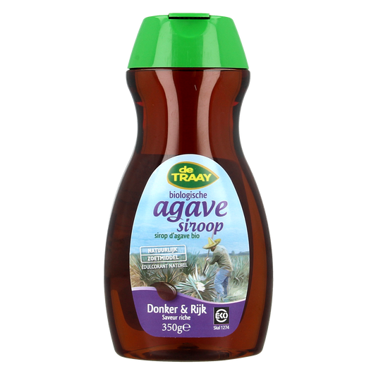 Dark organic agave syrup by de Traay, 350g, rich and sweet, shown in a clear glass jar with a dark amber color.