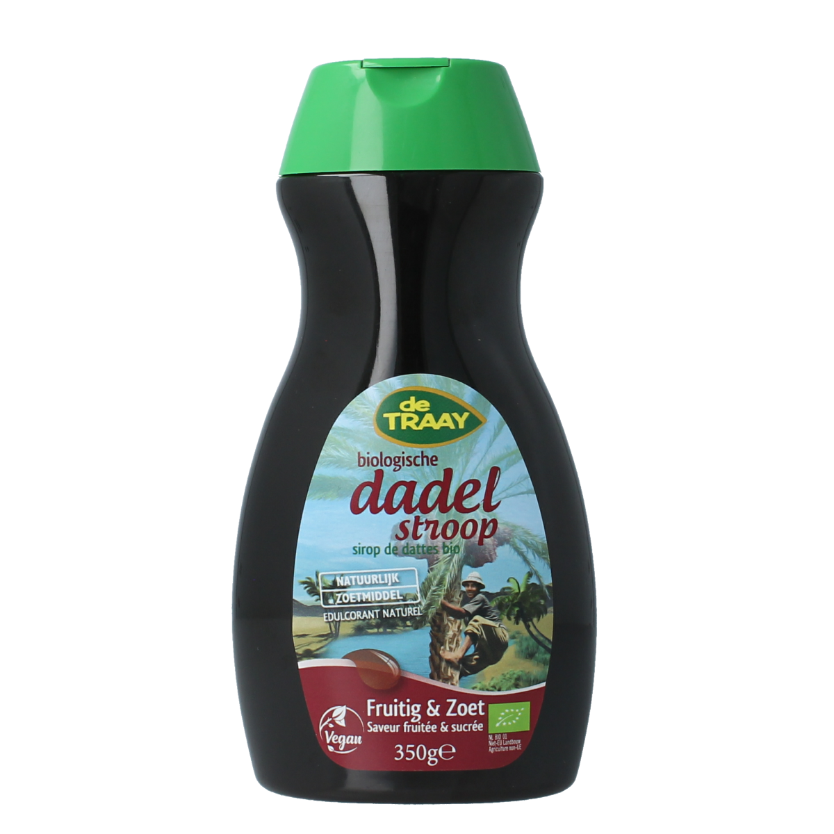 De Traay organic date syrup in a 350g jar, showcasing the fruiting and sweet qualities of the bio sugar and sweetener product.