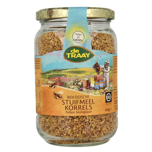 de Traay organic pollen grains in a 430g package, raw superfood product with natural yellow pollen visible in the image.