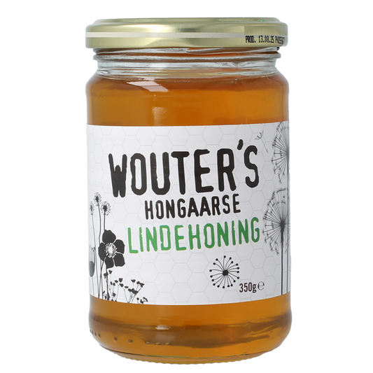 de Traay Wouters Hongaarse lindehoning in 350g jar, natural honey with a golden color and honeycomb texture visible in the image