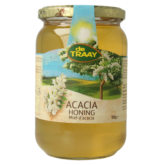 Jar of de Traay Acaciahoning honey in a 900g glass container, showcasing golden acacia honey with a smooth texture.
