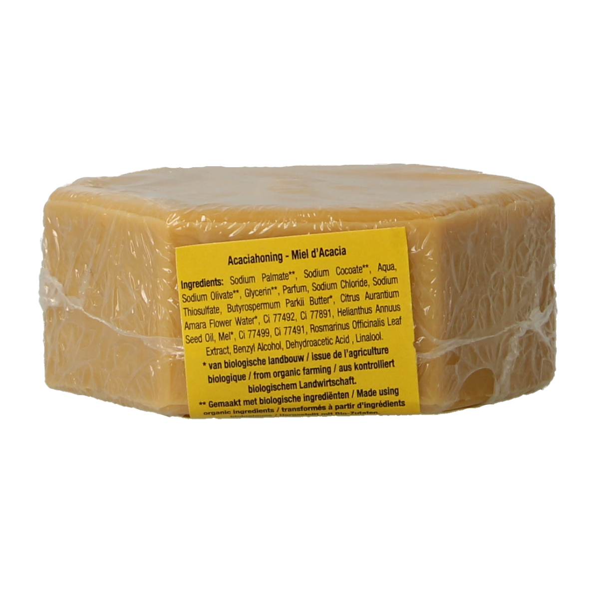 de Traay Zeep with acacia and orange blossom scent, 100g bar showing natural ingredients and floral design