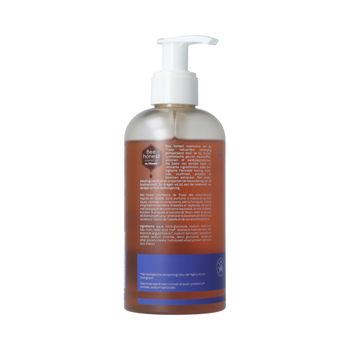 Traay Bee Honest lavendel handzeep in 250ml bottle, natural handcare with lavender scent, shown in a clear pump bottle.
