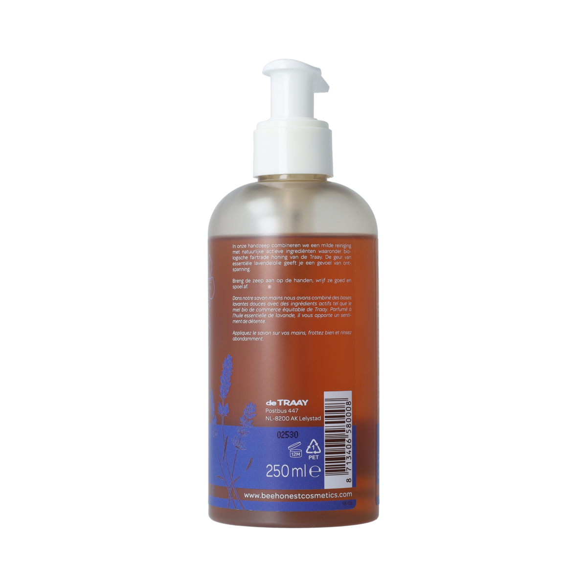 Traay Bee Honest lavendel handzeep, 250ml, handverzorging with lavender scent, in a clear pump bottle.