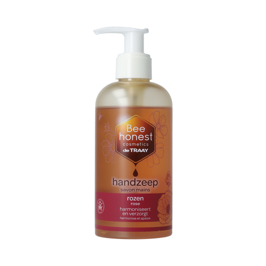 Traay Bee Honest hand soap with rose scent in a 250ml bottle, featuring elegant packaging and natural hand care ingredients.