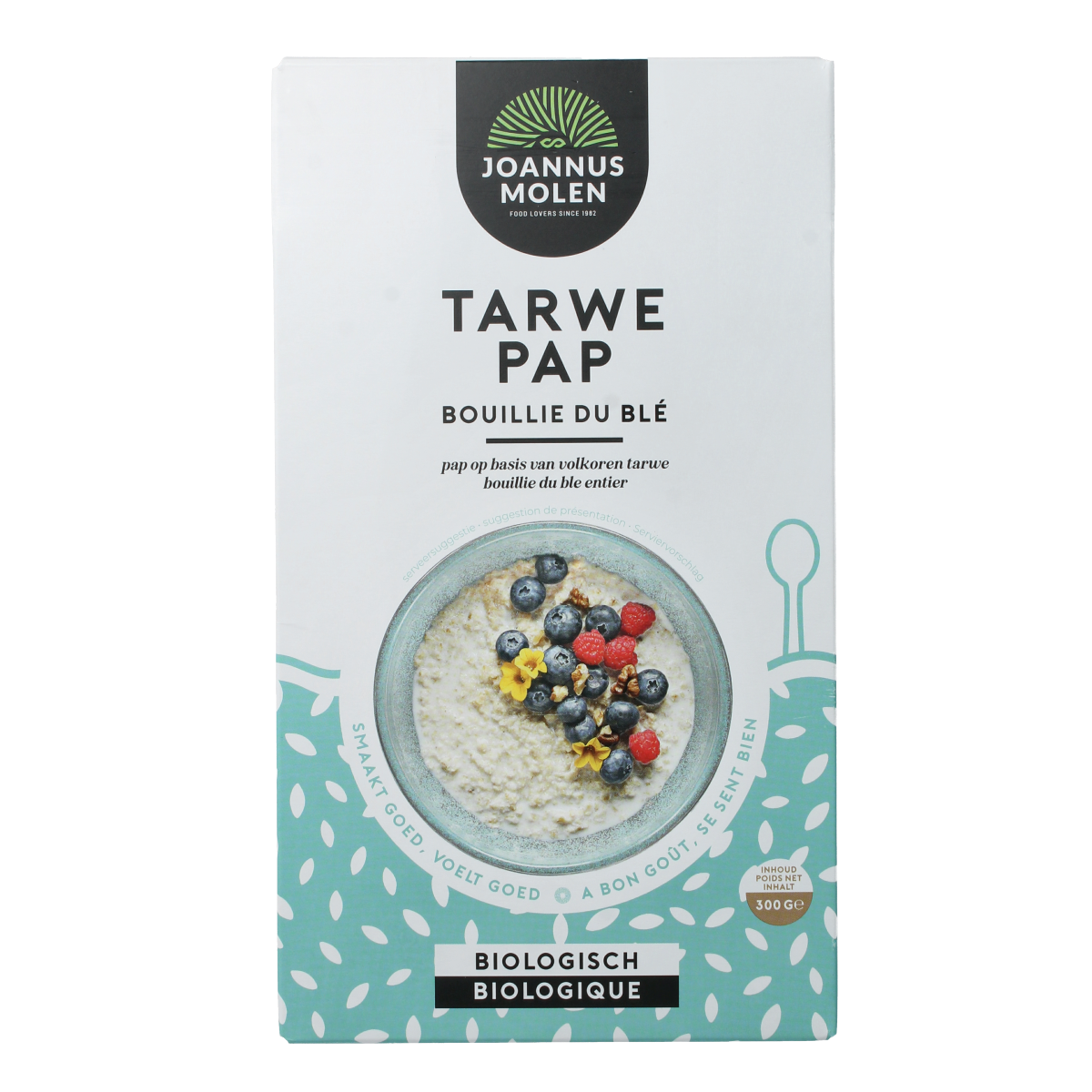 Joannusmolen Tarwe Pap bio ontbijtgranen in 300g package, showing a bowl of wheat flakes with grains and a spoon.