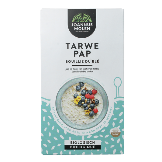 Joannusmolen Tarwe Pap bio ontbijtgranen in 300g package, close-up of cereal flakes in a bowl with a spoon.