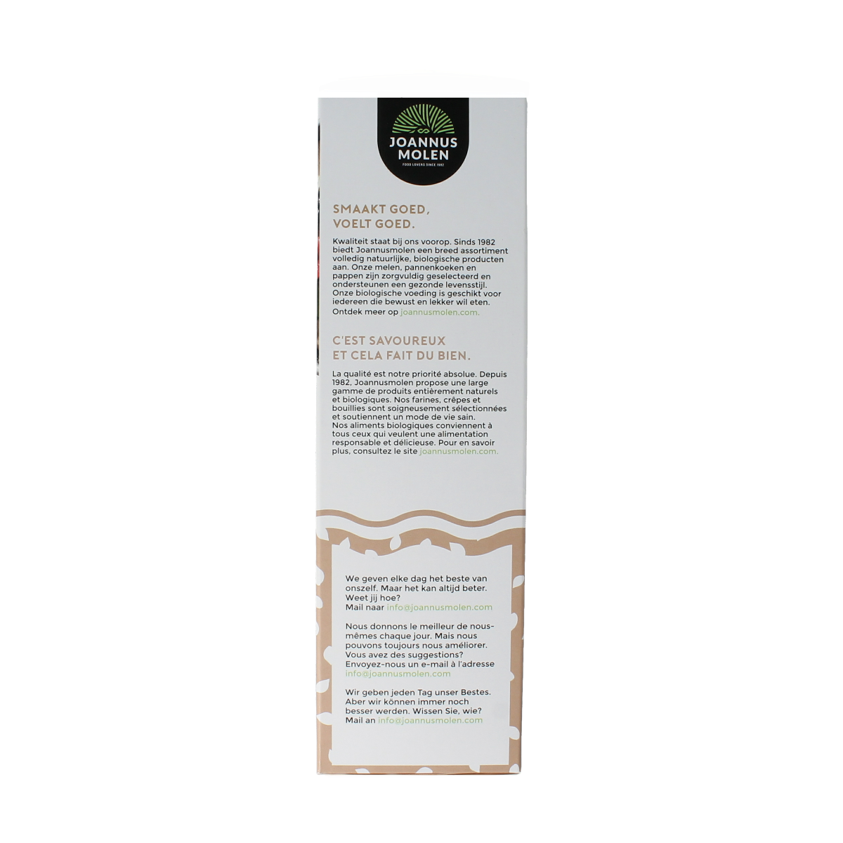 Joannusmolen Spelt Haver Pap bio ontbijtgranen in 300g package, showing a bowl of spelt and oat cereal with fresh ingredients.