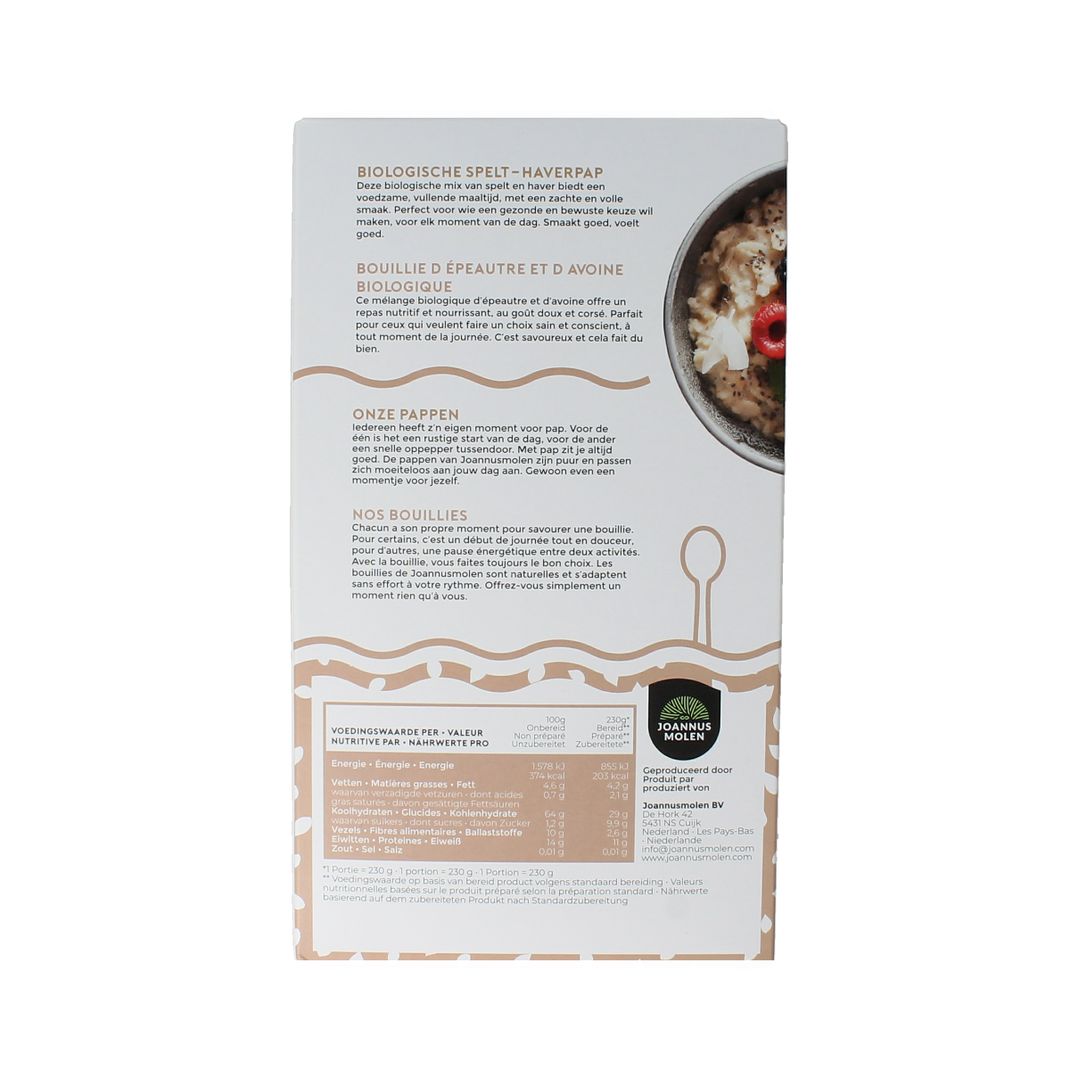 Joannusmolen Spelt Haver Pap bio ontbijtgranen in 300g package, natural whole grain cereal with spelt and oats.
