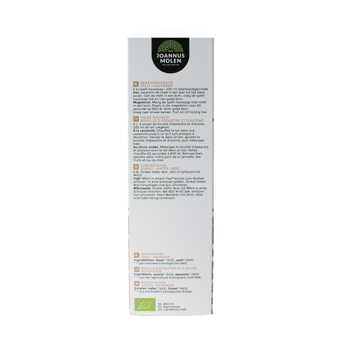 Joannusmolen organic spelt and oat breakfast cereal in a 300g package, showing the cereal grains and packaging.