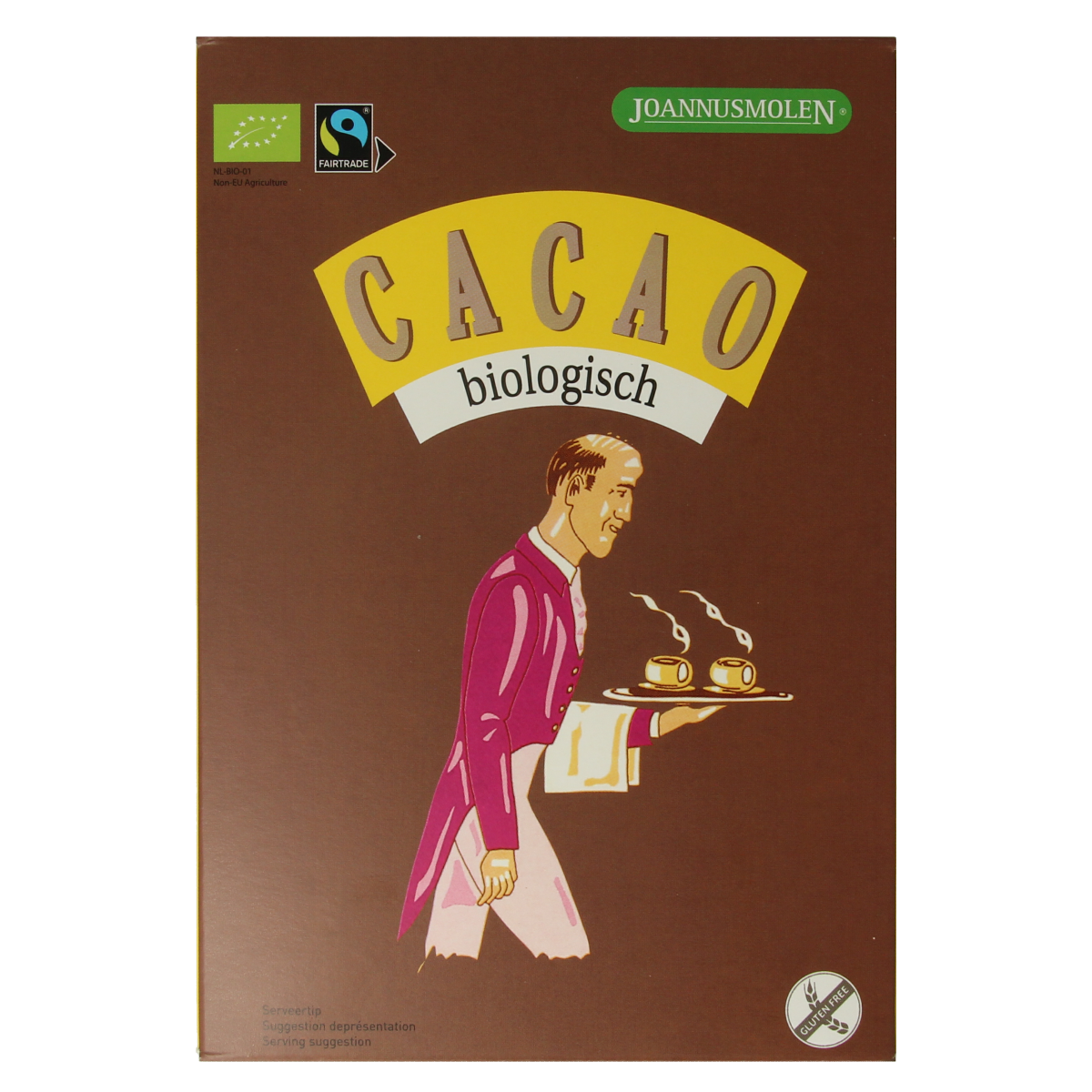 Joannusmolen bio cacao chocolate bar, 200 grams, with a close-up of the packaging showing the brand and product details.