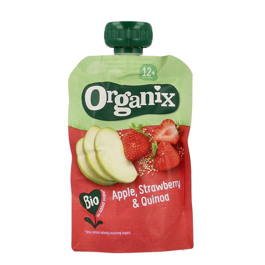 Organic Organix Knijpfruit with apple, strawberry, and quinoa for babies 12 months and older, 100g squeeze pouch.