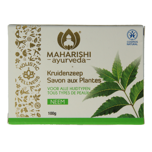 Maharishi Ayurv Neem kruidenzeep, 100g, natural herbal soap with neem leaves for skin cleansing and refreshment.