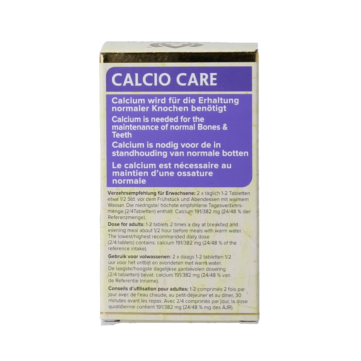 Maharishi Ayurv Calcio Care herbal tablets in a container, natural supplement for calcium support from Maharishi Ayurv brand.