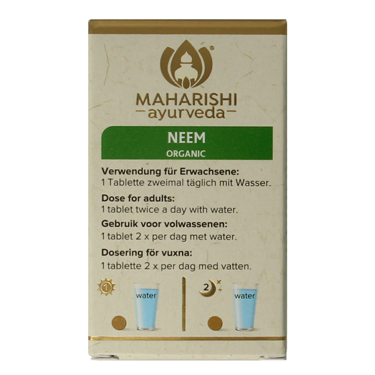 Maharishi Ayurv Neem bio herbal supplement in a bottle of 60 tablets, natural kruidenpreparaten product for wellness.