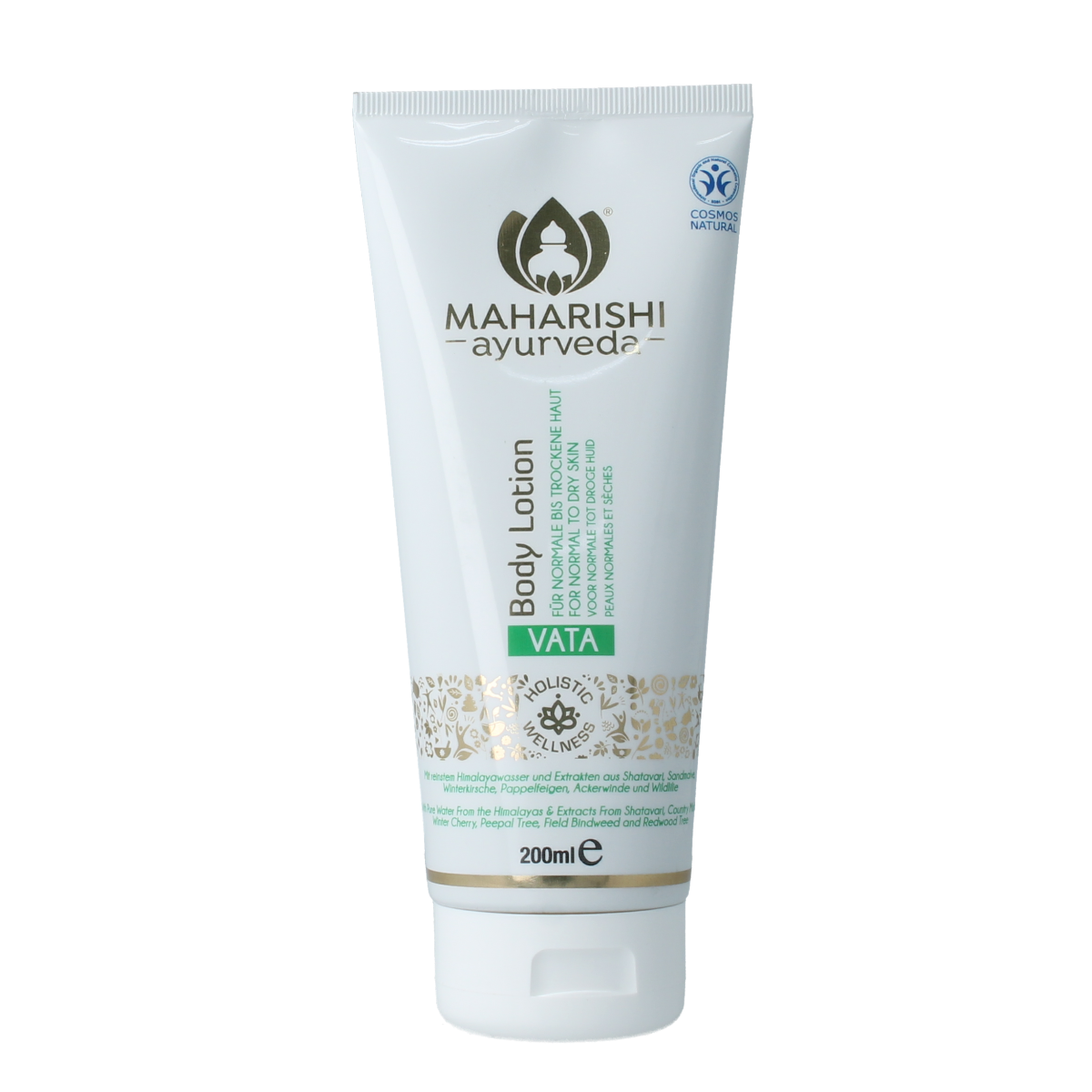 Maharishi Ayurv Vata body lotion in a 200ml bottle, natural face care product with Ayurvedic ingredients and soothing formula.