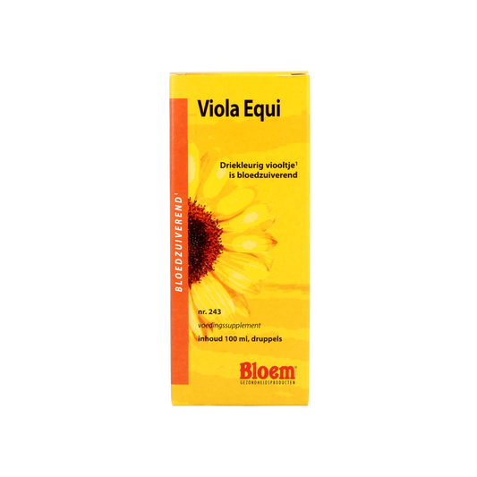 Bloem Viola equi herbal supplement in a 100ml bottle, part of Bloem's kruidenpreparaten collection, with a white label and blue cap.