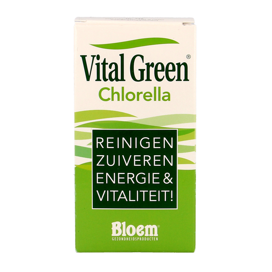 Bloom Chlorella Vital Green supplement in green tablet form, packaged in a bottle, from the Bloem herbal preparations range.