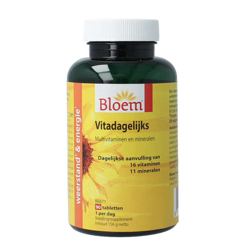 Blom Vitadagelijks multivitamine bottle with 90 tablets, showing the label and tablets inside the container.