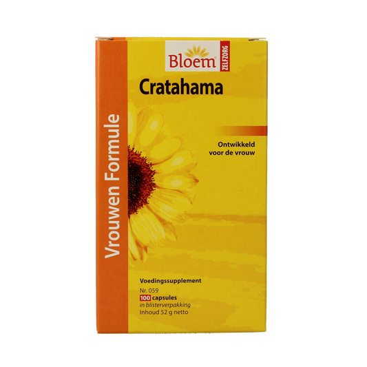Bloem Cratahama herbal capsules in a bottle, part of Bloem's kruidenpreparaten line, with the product barcode visible.