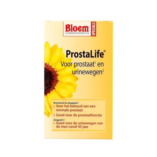 Bloem Prostalife herbal supplement tablets in a bottle, designed for prostate health, from the Bloem brand.