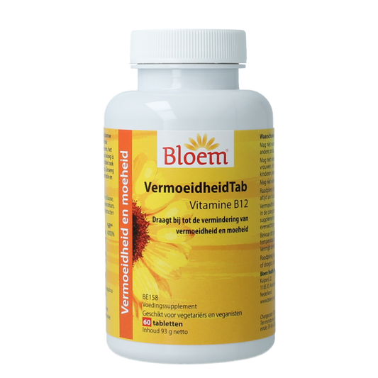 Bloem Vermoeidheidtabletten in a bottle of 60 herbal supplement tablets, natural remedy for fatigue.