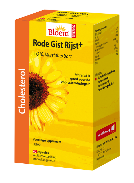 Bloem Rode gist rijst capsules, herbal supplement from Bloem Kruidenpreparaten, displayed in a bottle with capsules.