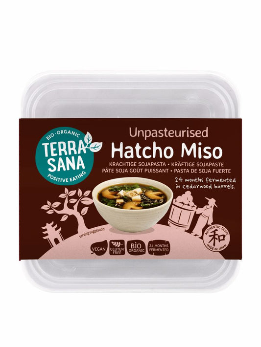 TerraSana Hatcho miso Eko cup bio, 300g, in a jar with a label, showcasing organic fermented soybean paste for bread toppings.