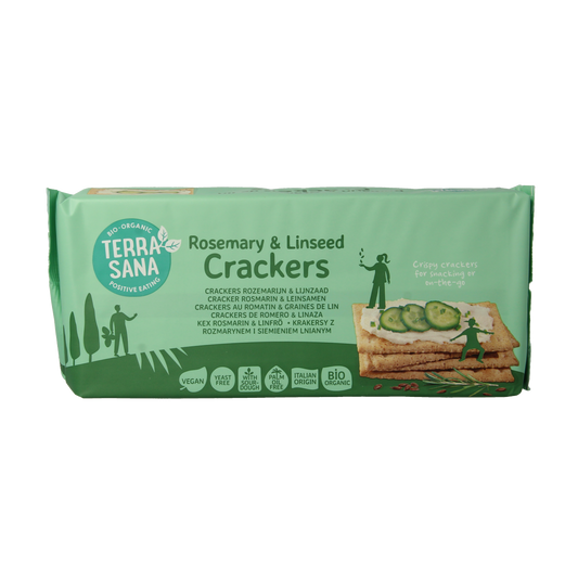 TerraSana Rozemarijn & Lijnzaad Bio Crackers in 250g package, showing crisp crackers with rosemary and flaxseed visible.