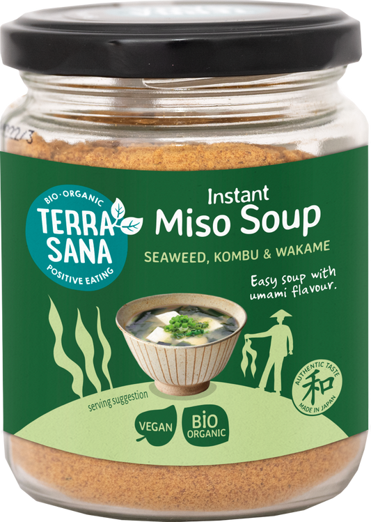 TerraSana organic instant miso soup powder in a 130g package, with image showing the product and branding.