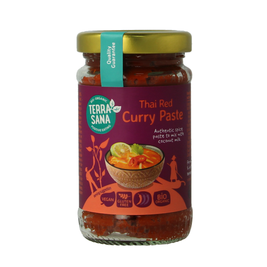 Organic TerraSana Thai red curry paste in 120g package, with vibrant red chili and spice ingredients visible in the image.