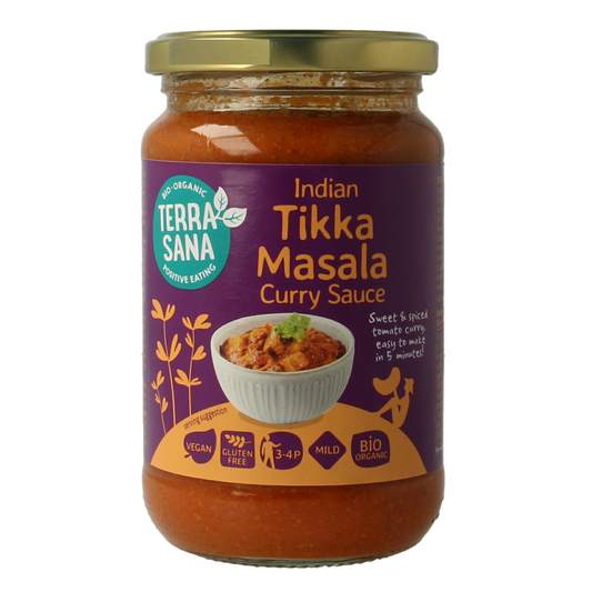 TerraSana Curry Saus Tikka Masala bio pasta and rice product, 350 grams, with packaging featuring the product label.
