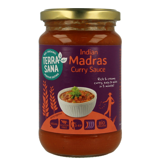 TerraSana Madras Curry Sauce in 350g jar, suitable for pasta and rice dishes, with a rich, spicy Indian flavor.